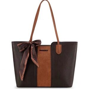 Montana West Brown and Tan Two-Tone Tote with Bow Scarf Accent